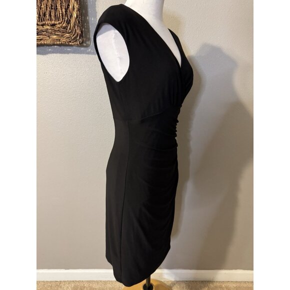 Ralph Lauren Black Dress 8 Stretch Sheath Ruched V Neck Cap Sleeve Washable - Picture 6 of 10